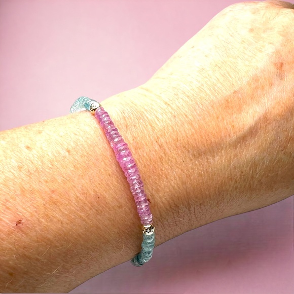 Handcrafted Natural Blue Zircon & Pink Sapphire Bracelet | Solid 14K Gold 7.25" - Picture 4 of 7